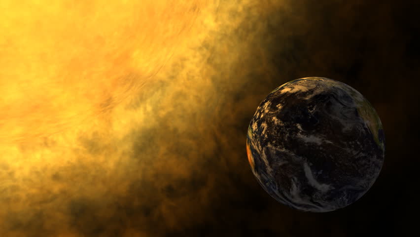 Planet Earth and glowing Sun, solar flare, global warming