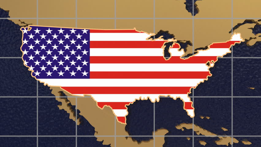 HD digital animation starts with zoom out from USA map textured with flag to folding globe spinning 
