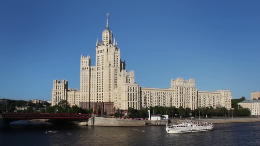 High-rise building from Stalin time on Kotelnicheskaya quay, Moscow river front view
