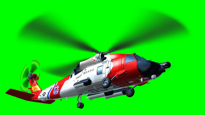 Render of side helicopter coast guard Jayhawk  fly on green screen