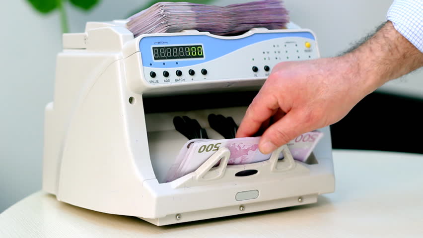 Montage of clips showing electronic money counter processing Euro 500 bills. HD 1080p.