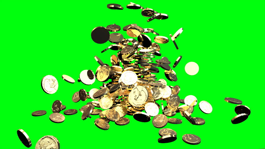 Coins fall against green chroma key background