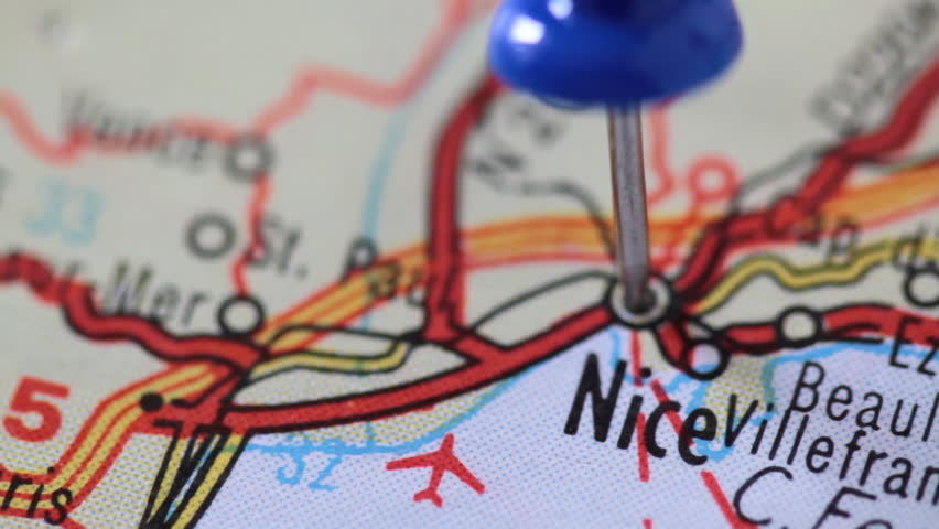 Monte Carlo and Nice marked on map. HD dolly shot