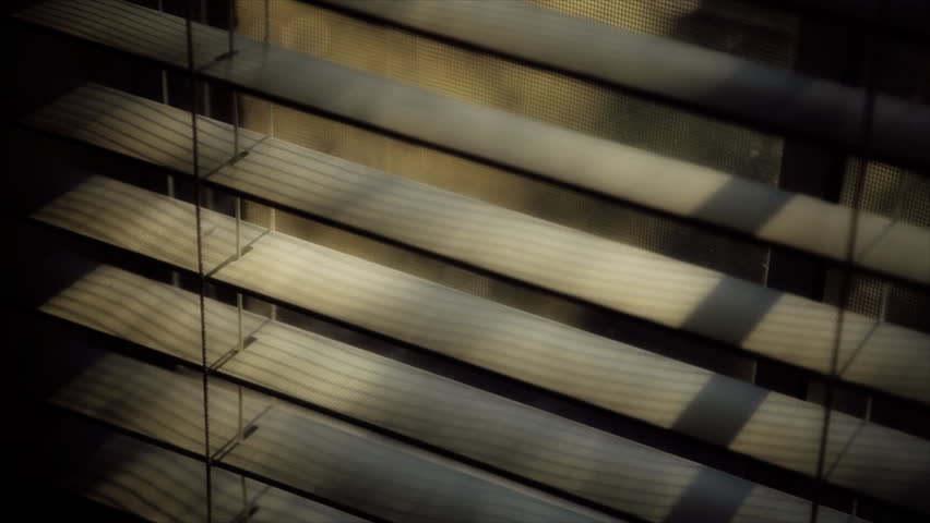 A man's shadowy hand lifts the slate of a window shade and then withdraws.