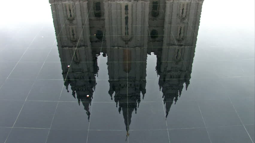 Video of the Mormon Temple in Salt Lake City Utah. Granite edifice reflecting in fountain. Church of Jesus Christ of Latter-Day Saints, Mormon. Religious belief of LDS Church. 