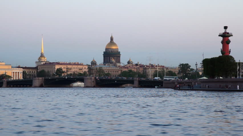 Basil Island in St. Petersburg spring day, panorama from ship sailing