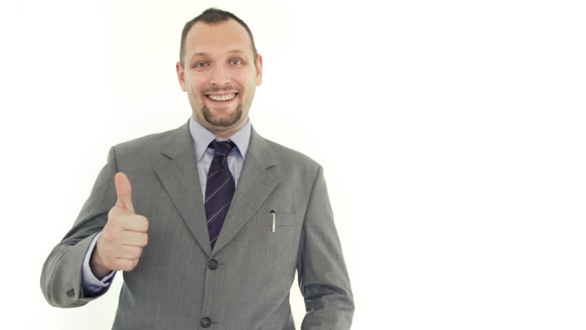 Successful businessman giving thumbs up, isolated on white