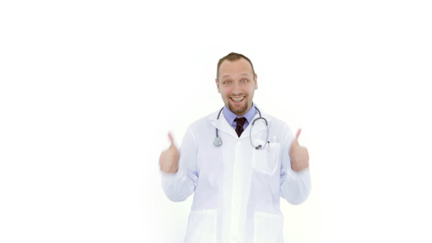 Enthusiastic male doctor showing ok sign, isolated on white