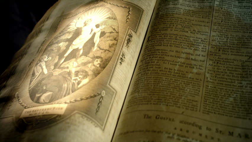 Famous biblical passages, scripture verses, and scenes depicted in an old english bible.