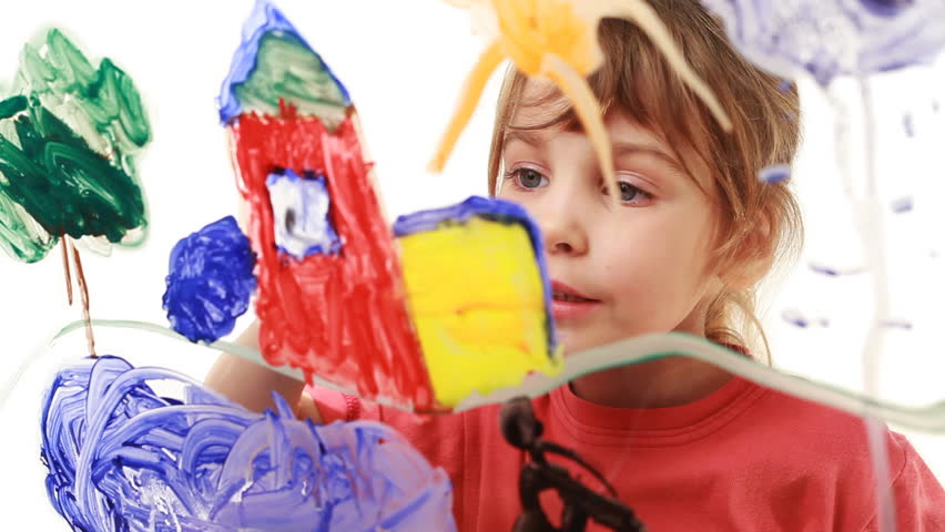 nice little girl paint window house in picture on transparent glass, behind white background