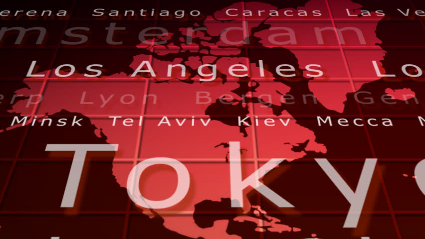 Flying over world with city names