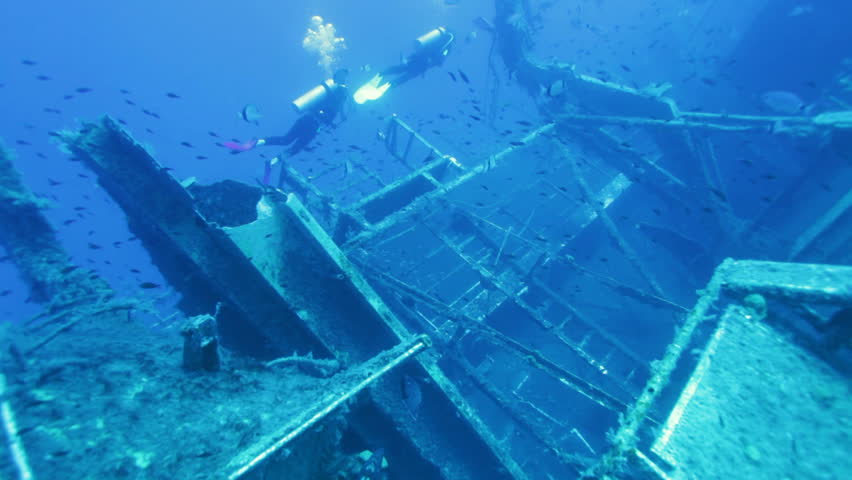 Divers exploring Zenobia shipwreck, Cyprus