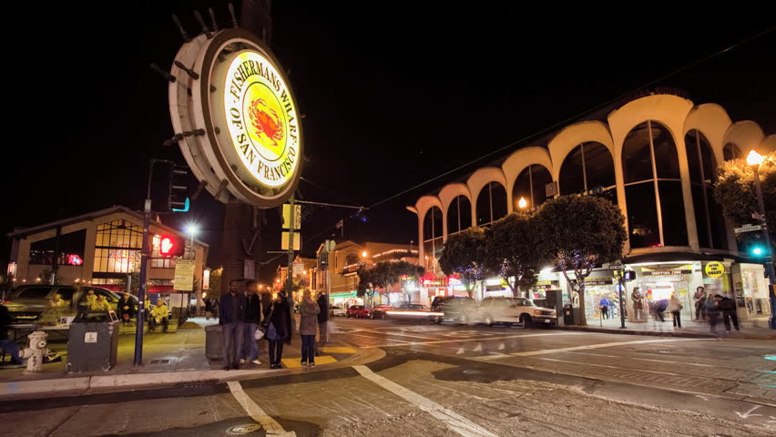 SAN FRANCISCO- SEPTEMBER 8, 2010. Timelapse view of the Famous Fisherman's Wharf sign, September 8, 2010 in San Francisco, CA. Fisherman's Wharf gets its name from the Gold Rush days when Italian emigre fishermen settled in the area.