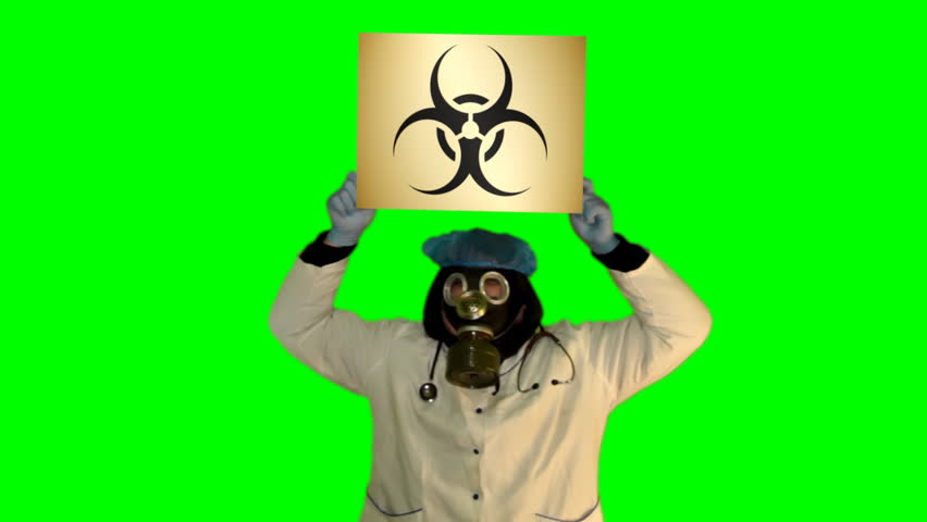 Chroma key anger persons in gas mask with board Bio hazard