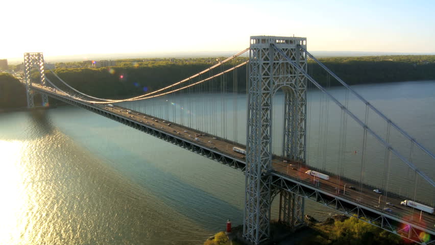 Aerial view of the George Washington Suspension Bridge at Sunset over the Hudson River,  Manhattan, New York, USA