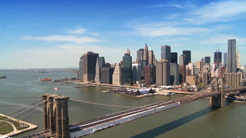 Aerial view from Brooklyn of Manhattan the Financial District and Brooklyn Bridge, New York, North America, USA
