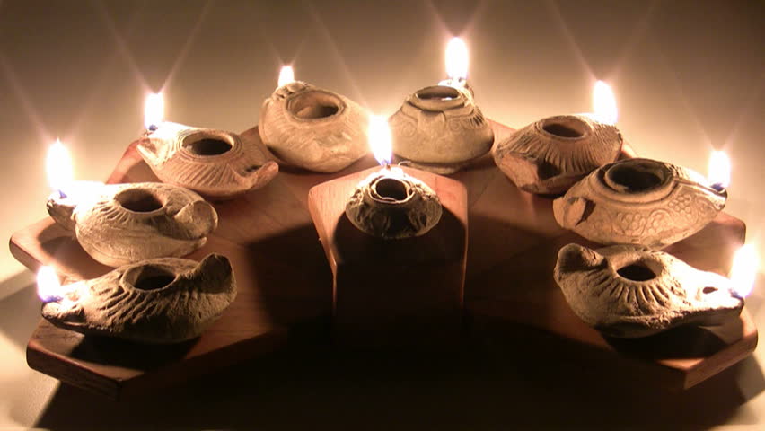 Hanukia made of ancient clay olive oil lamps