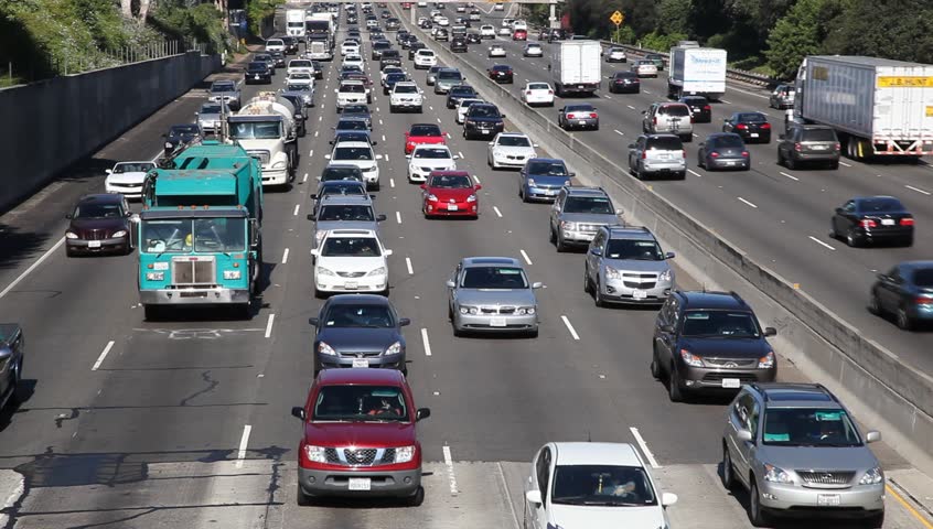 Traffic Jam On Freeway, USA, Downtown Los Angeles, LA, California