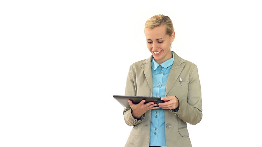 Exited successful businesswoman with tablet computer, isolated on white 