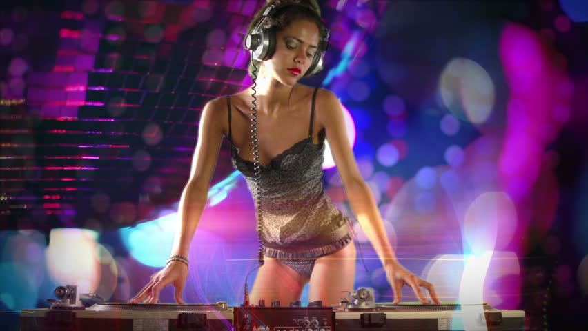 a sexy female dj dancing and playing records with disco style background