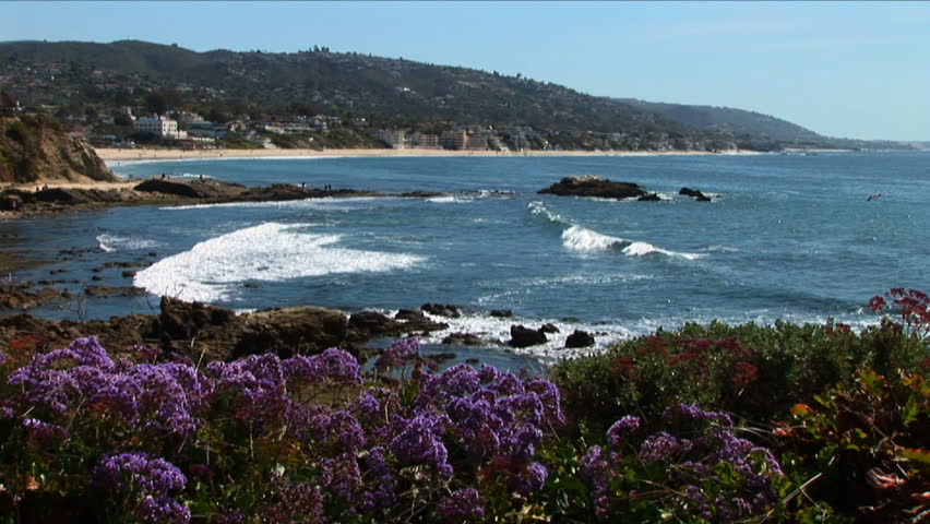 Blue waves roll into a lush rocky shore.