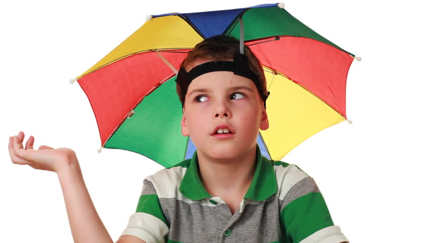 boy in cap as umbrella rainbow colors fun pretend that hiding from rain, white background