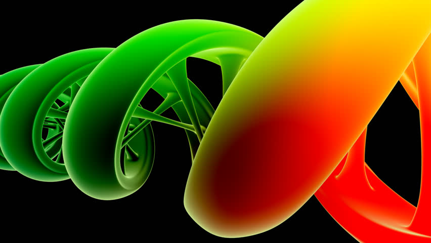 Orange and green animated DNA strand turns.