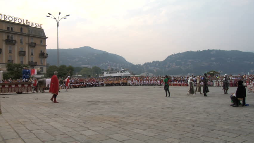 COMO, ITALY - CIRCA SEPT 2011:  Palio del Baradello re-enacts Barbarossa's visit to his allies in Como after defeating Milan in the 1159 battle, circa Sept 2011, Como, Italy. Period dances, games and shows create a medieval atmosphere at this annual event