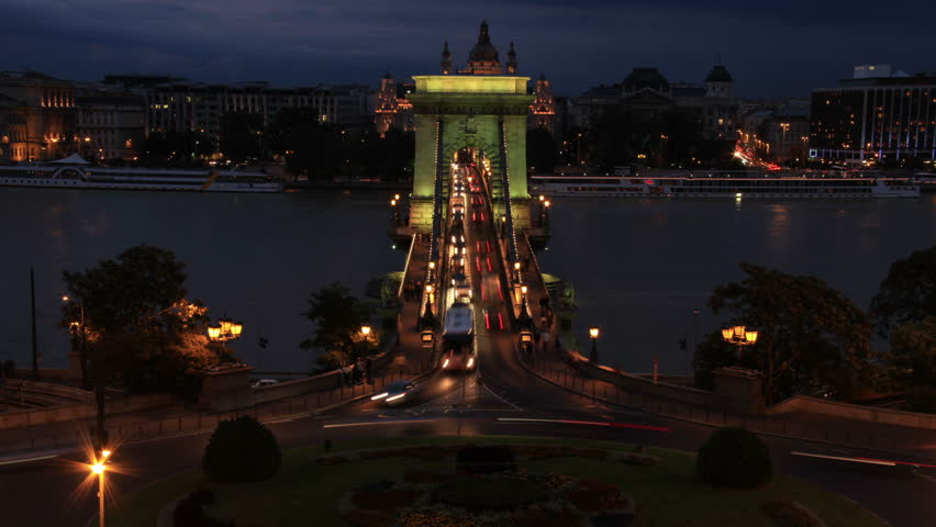 Szechenyi Chain Bridge evening timelapse in Budapest Hungary Budapest Hungary September 2010