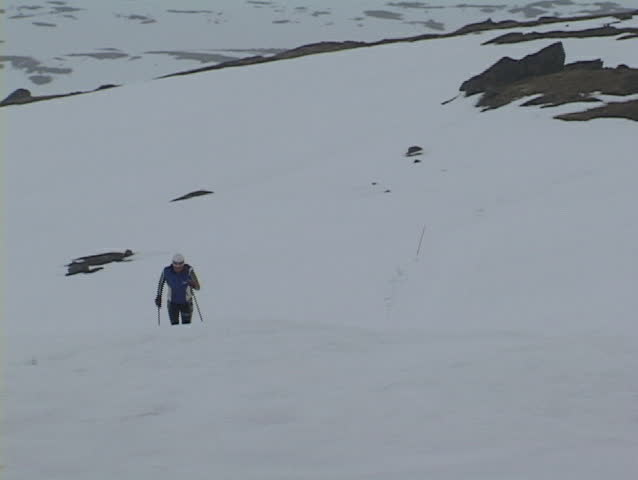 Following-shot of a cross country skier striding up a snowy hillside.