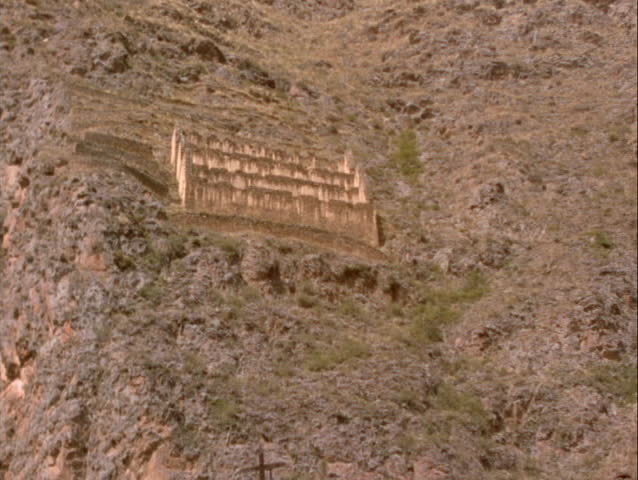 Aerial pan across Inca ruins of Machu Picchu, Andes Mountains, Peru.