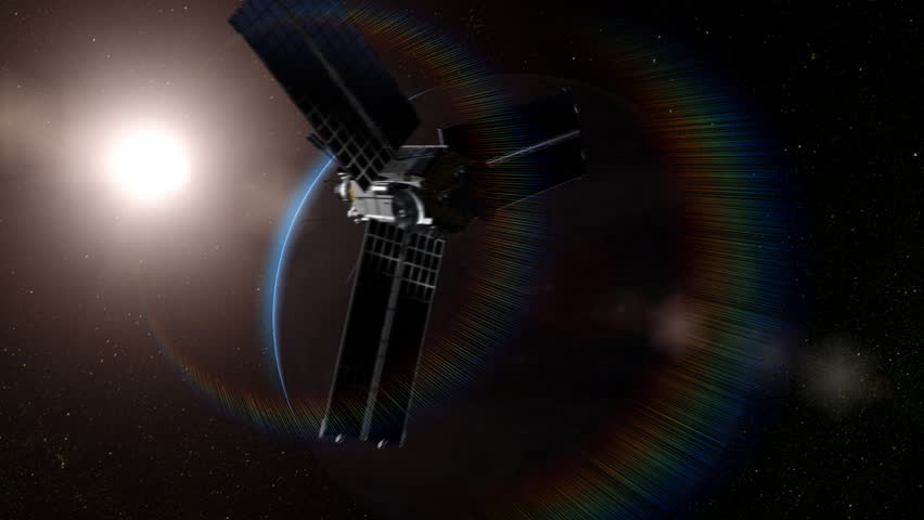 Exploding satellite after hit by red laser beam from Earth