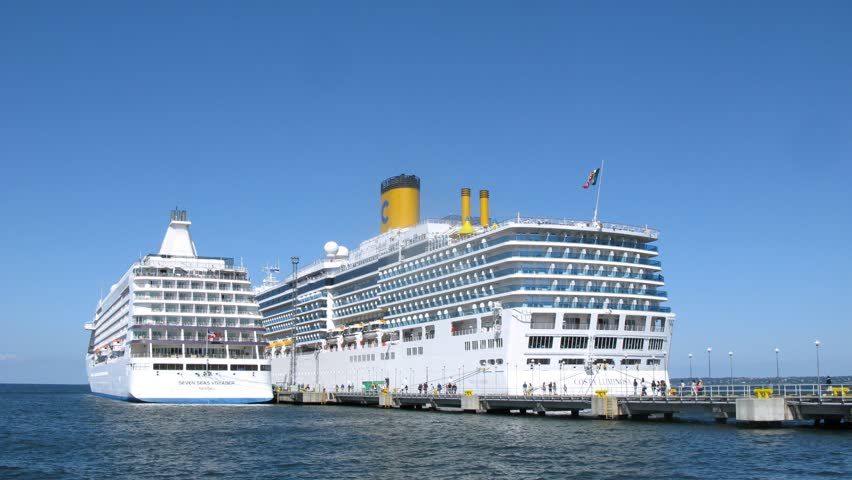 TALLINN, ESTONIA - JULY 17: (Timelapse View) SEVEN SEAS VOYAGER and COSTA LUMINOSA liners at bay on July 17, 2011 in Tallinn, Estonia. Tallinn is the capital and largest city of Estonia and a global city. 