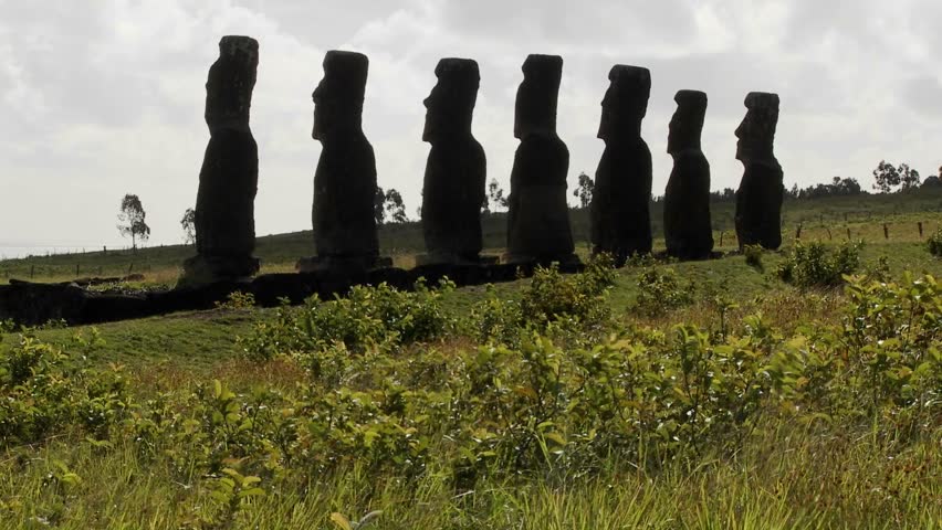 Grass blows in front of the Easter Island statues.