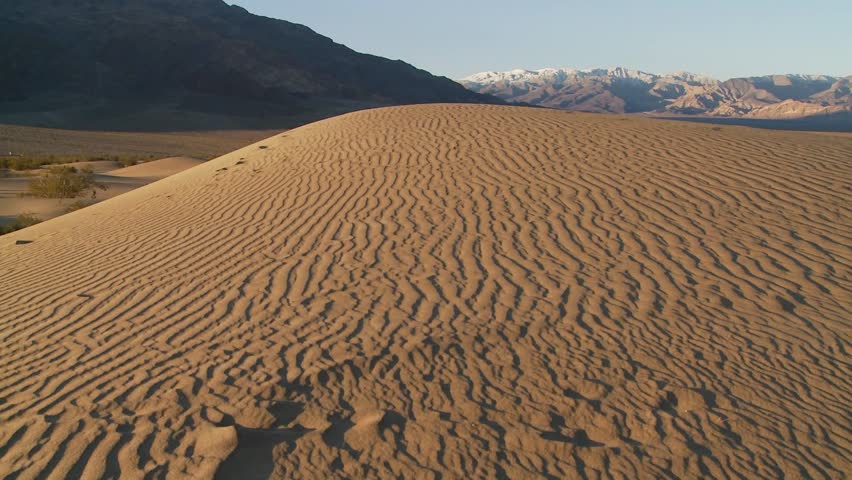 A pan across arid desert dunes at an oasis.
