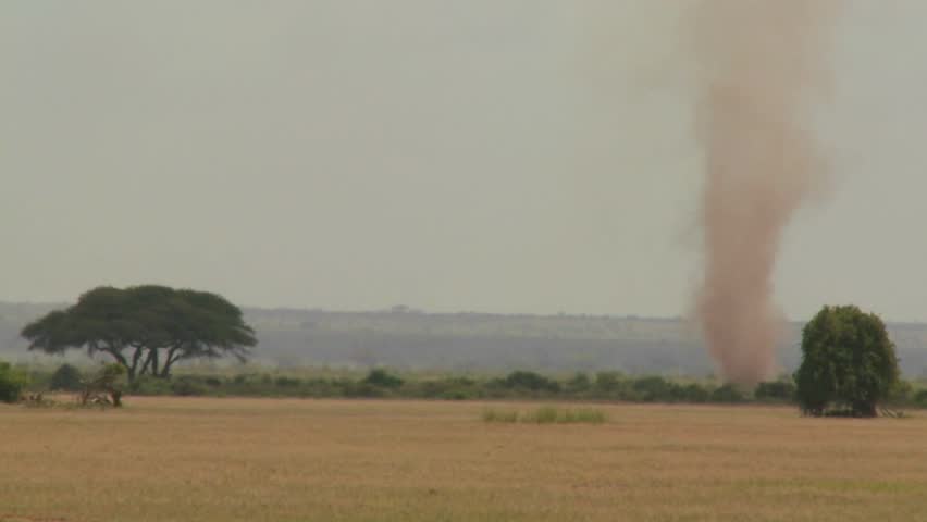 A dust devil dust tornado blows across the plains of Africa.