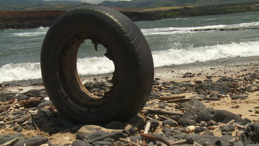 Junk tire washed up on a driftwood beach