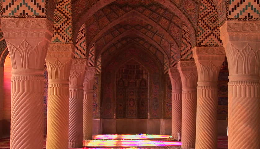 Sun shines through stained glass windows inside the Nasir Molk Mosque in Shriaz, Iran. 