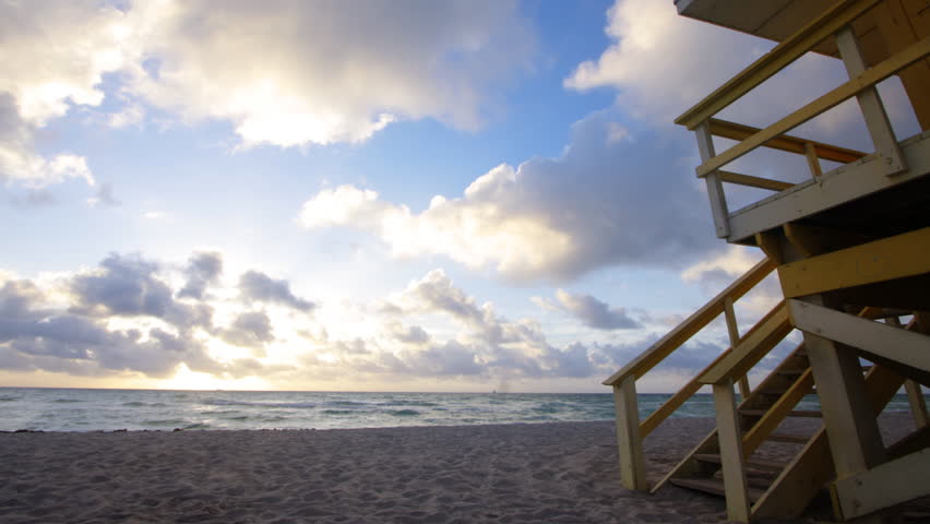life guard hut in miami, florida and sea at sunrise