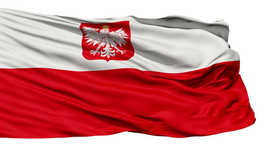 Waving Flag of Poland with and emblem,seamless looping(isolated on white background)