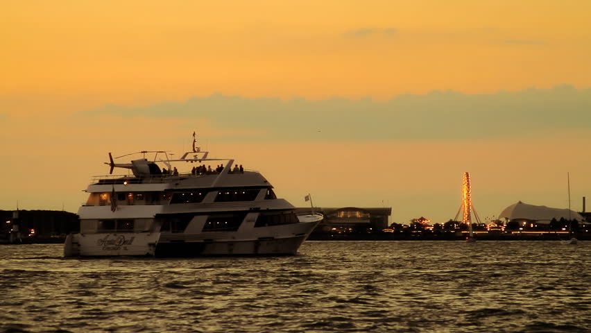 CHICAGO - CIRCA 2010: Boat at sunset on Lake Michigan, circa 2010 in Chicago.  