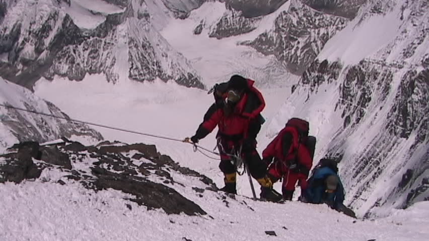 In The Death Zone Climbing Towards The Summit Of Everest - Climbers Navigate Difficult, Scary