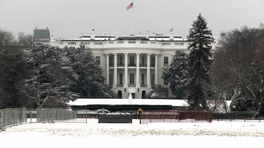 Snow blankets the White House circa 2009 in Washington.