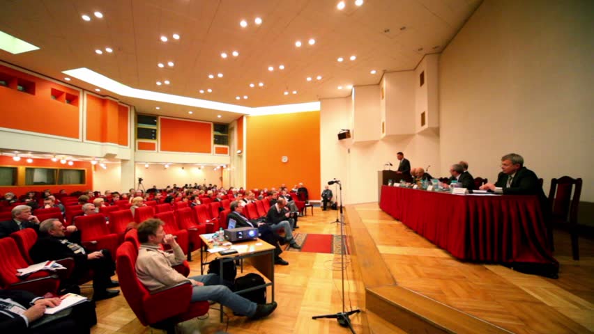 MOSCOW - DECEMBER 9: People sit in conference hall, panoramic view of X Global Strategic Forum, on December 9, 2010 in Moscow, Russia.