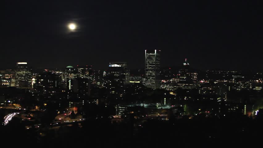 Moonrise Over Portland Oregon Cityscape at Night 1080p Panning