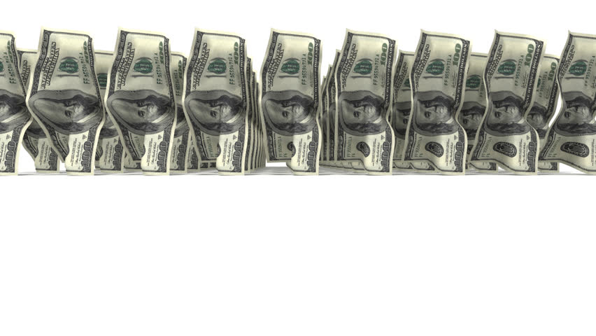 Troop of 100 dollar bills walking on white background with alpha channel. Three dimensional animation.