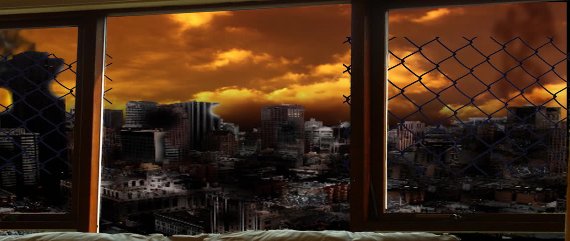 looking through the window at aftermath of terrorist attack, destruction, explosion, fire everywhere