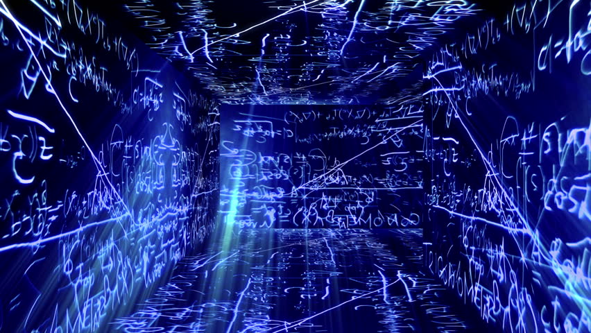 Labyrinth design with Mathematical , Physical science formulas flying around on the walls, floor and ceiling of the scene.
