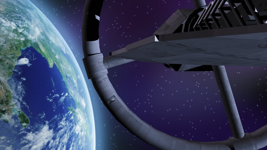 Spaceship flying above earth.