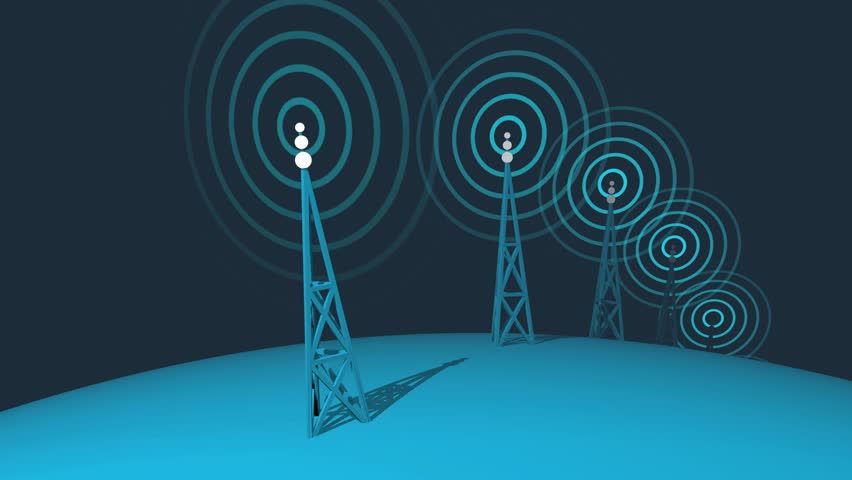 Computer generated animation of pylons rotating around a sphere with radiating signals emitting from them. High definition 1080p loop-ready.